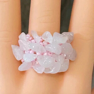 Rose Quartz Pink Handmade Seed Bead and Stone Chips Stretch Ring